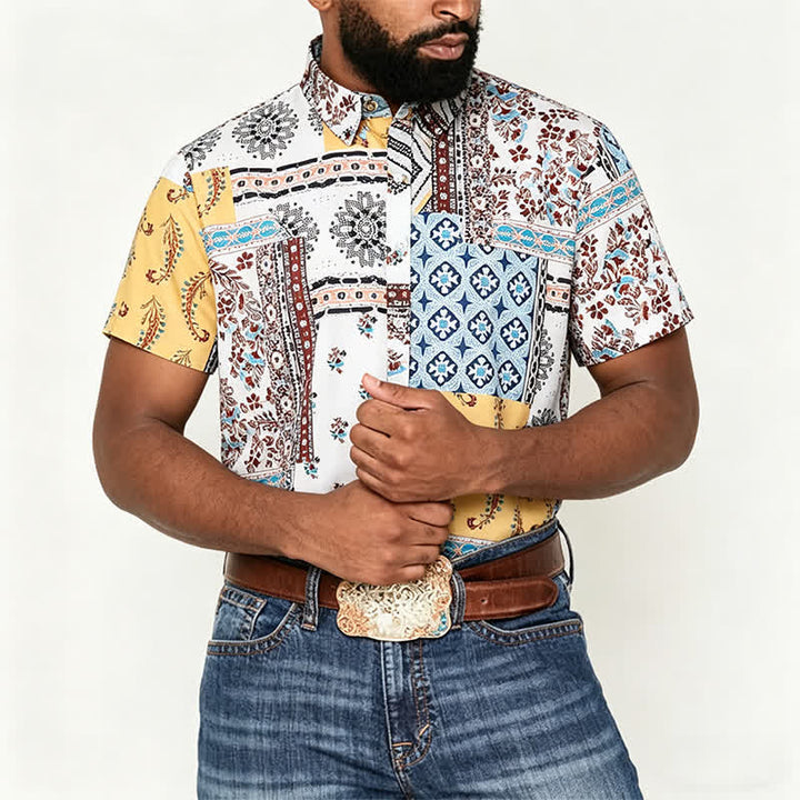 Chemise homme rétro à imprimé cachemire patchwork aztèque et floral - image 1