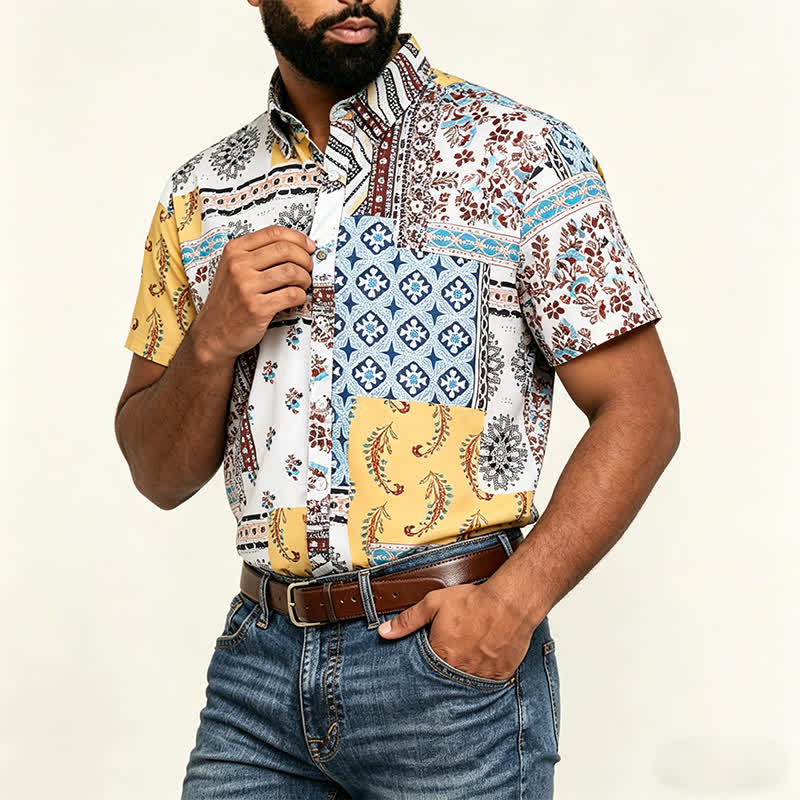 Chemise homme rétro à imprimé cachemire patchwork aztèque et floral - image 3