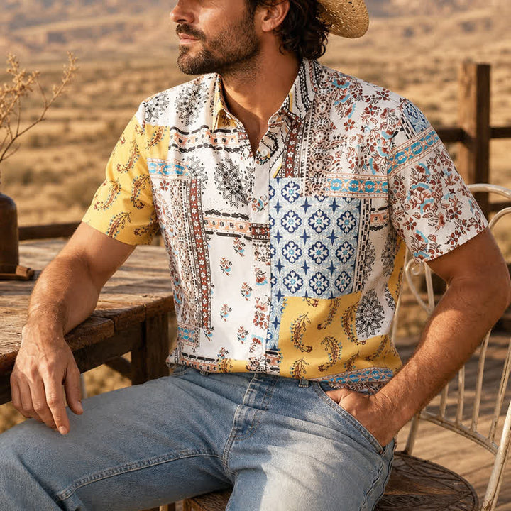 Chemise homme rétro à imprimé cachemire patchwork aztèque et floral - Jaune et blanc - 2XL - image 0