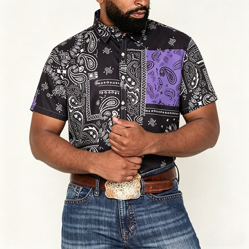 Chemise streetwear homme noire et violette à imprimé cachemire - image 1