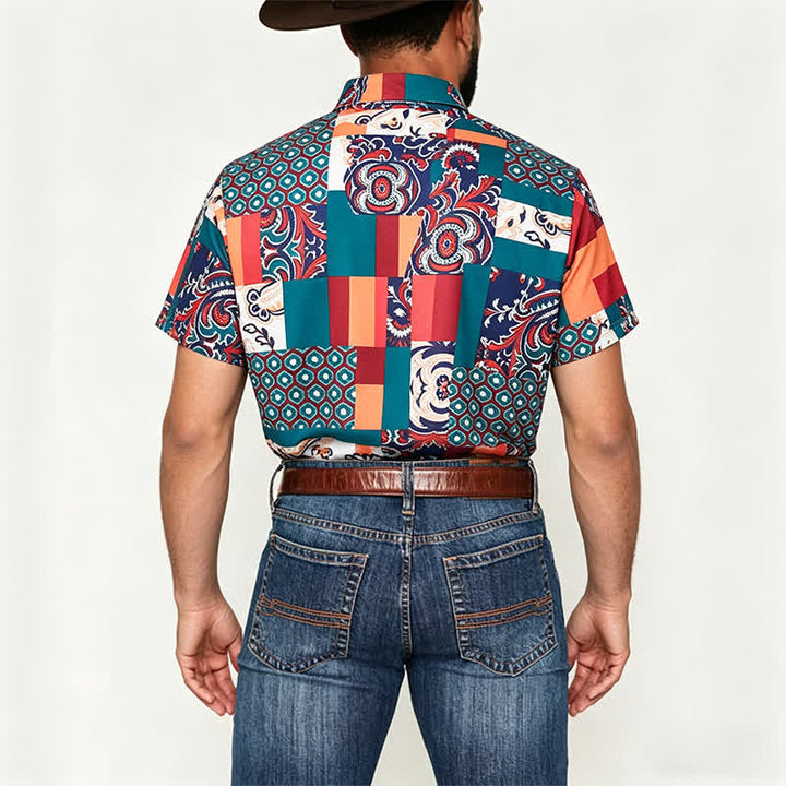 Chemise homme verte et orange à imprimé cachemire patchwork bohème - image 2