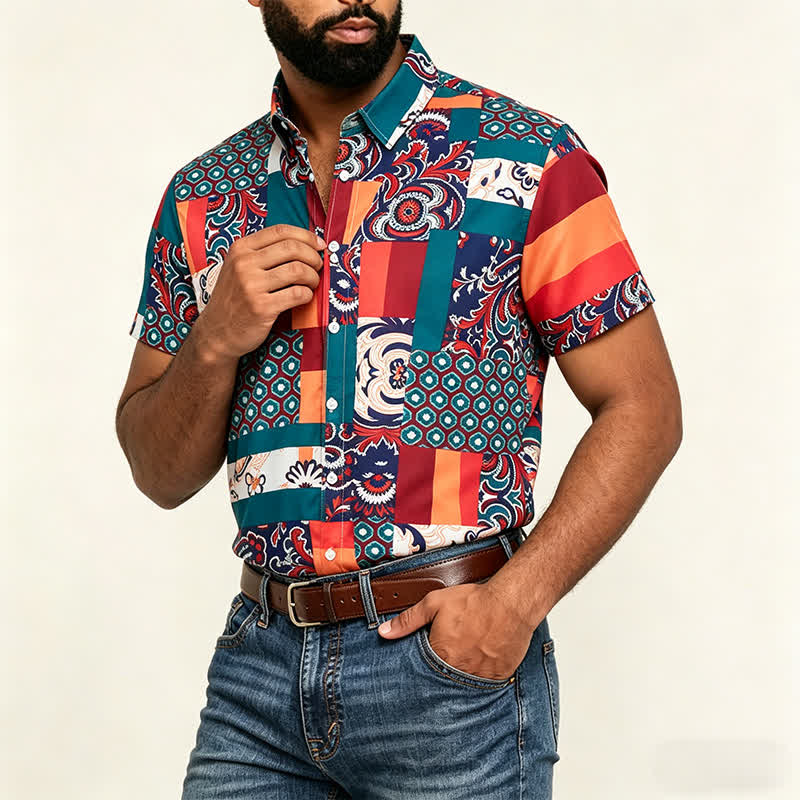 Chemise homme verte et orange à imprimé cachemire patchwork bohème - image 3