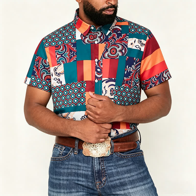 Chemise homme verte et orange à imprimé cachemire patchwork bohème - image 1
