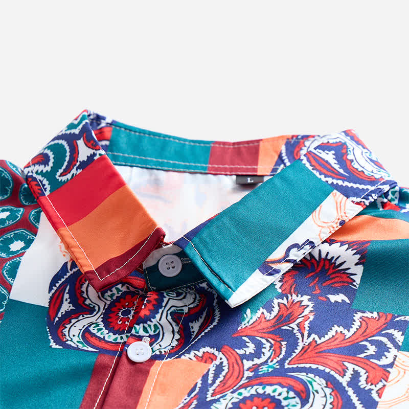Chemise homme verte et orange à imprimé cachemire patchwork bohème - image 4