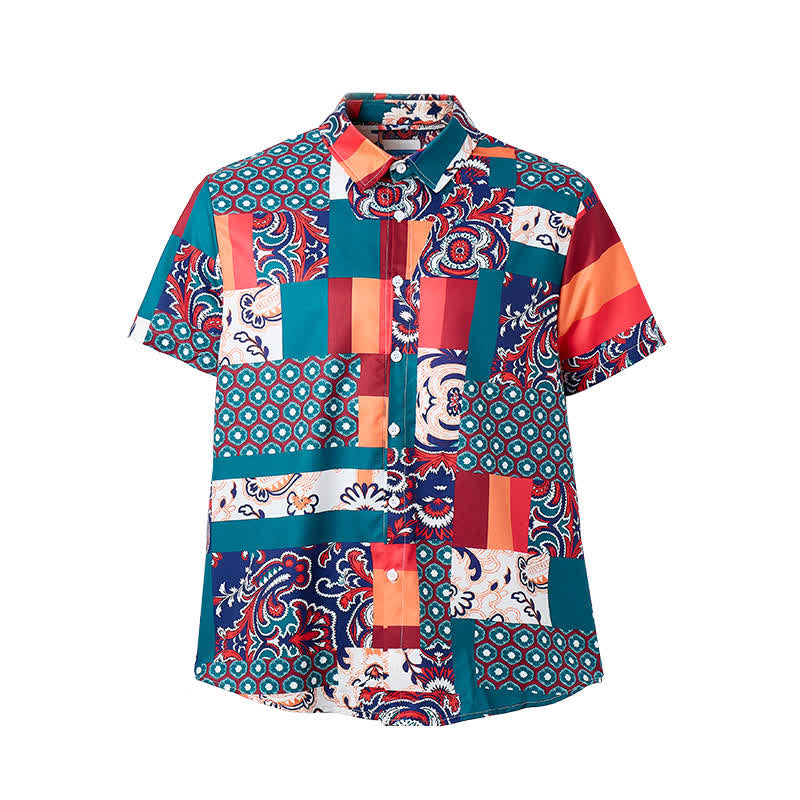 Chemise homme verte et orange à imprimé cachemire patchwork bohème - image 8