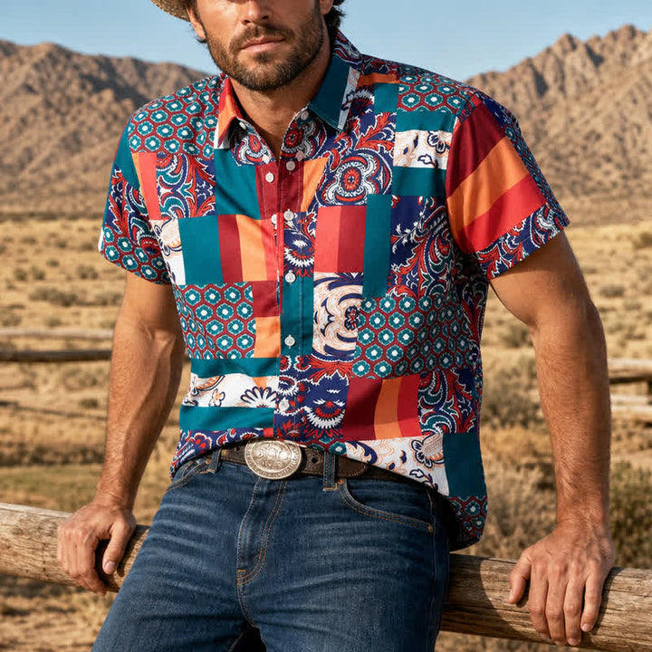 Chemise homme verte et orange à imprimé cachemire patchwork bohème - Vert et orange - 4XL - image 0