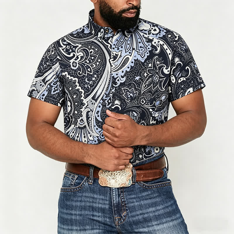 Chemise décontractée pour homme, grise et blanche à imprimé floral cachemire - image 1