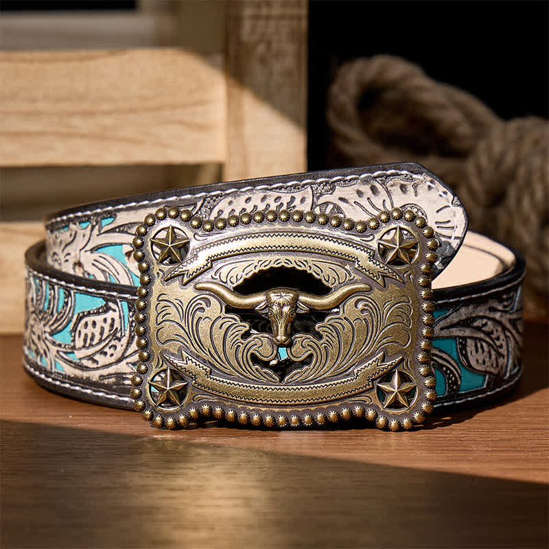 Ceinture en cuir pour homme Texas Longhorn Star ajourée avec boucle à faire soi-même - Bronze - Ceinture à fleurs grises - 42 - image 7