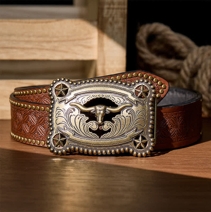 Ceinture en cuir pour homme Texas Longhorn Star ajourée avec boucle à faire soi-même - Bronze - Ceinture à rivets marron - 42 - image 4