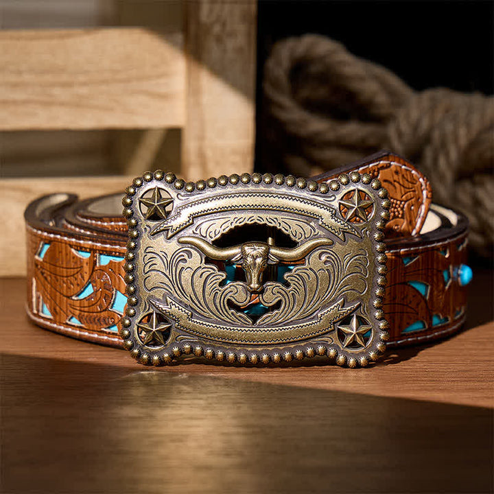 Ceinture en cuir pour homme Texas Longhorn Star ajourée avec boucle à faire soi-même - Bronze - Ceinture turquoise sculptée - 42 - image 3