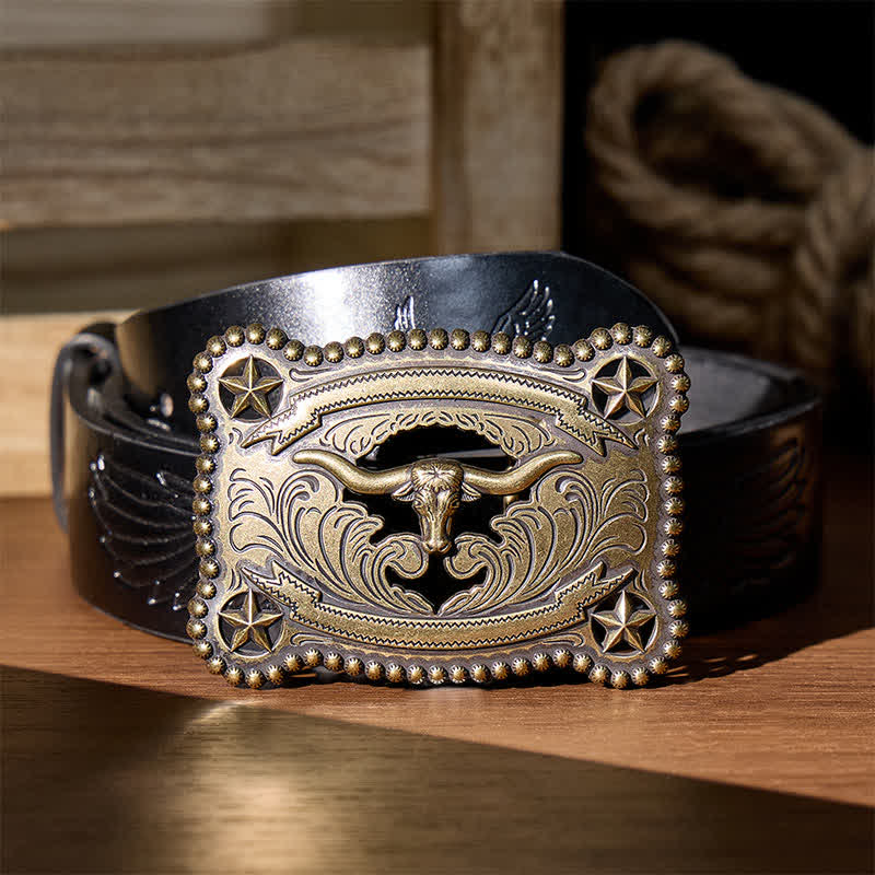 Ceinture en cuir pour homme Texas Longhorn Star ajourée avec boucle à faire soi-même - Bronze - Ceinture noire à motif aigle en relief - 42 - image 2