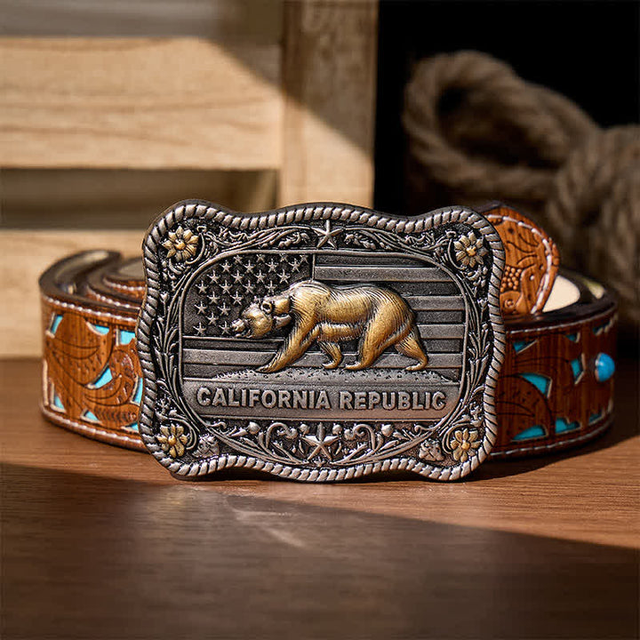 Ceinture en cuir à boucle DIY style western ours de la République de Californie - Argent - Ceinture turquoise sculptée - 42 - image 3