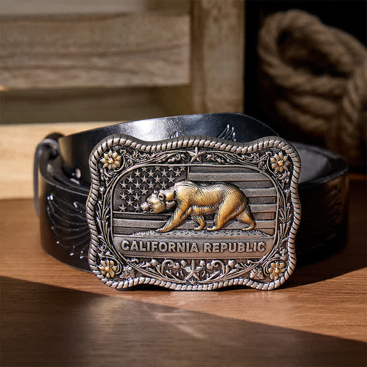 Ceinture en cuir à boucle DIY style western ours de la République de Californie - Argent - Ceinture noire à motif aigle en relief - 42 - image 2