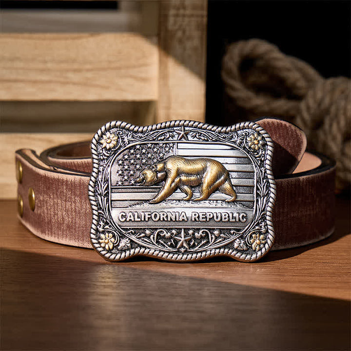 Ceinture en cuir à boucle DIY style western ours de la République de Californie - Argent - Ceinture marron vieillie - 42 - image 5