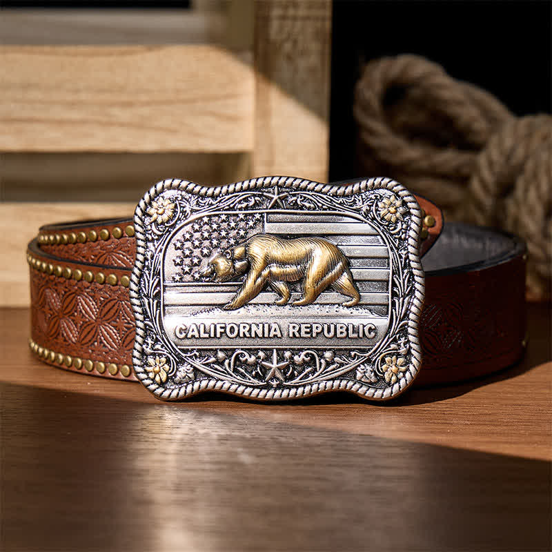 Ceinture en cuir à boucle DIY style western ours de la République de Californie - Argent - Ceinture à rivets marron - 42 - image 4