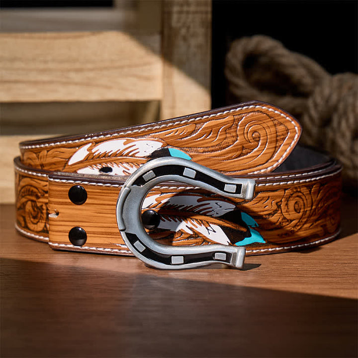 Ceinture en cuir à boucle en forme de fer à cheval Western Luck à faire soi-même - Argent - Ceinture de plumes brunes - 40 - image 13