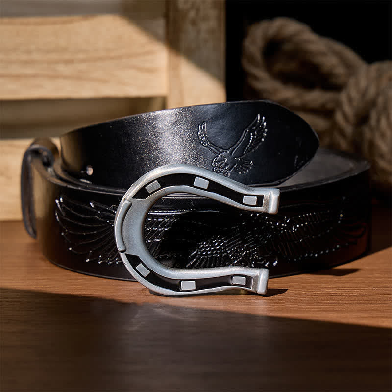Ceinture en cuir à boucle en forme de fer à cheval Western Luck à faire soi-même - Argent - Ceinture noire à motif aigle en relief - 42 - image 9