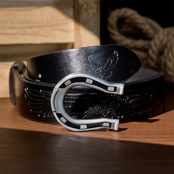 Ceinture en cuir à boucle en forme de fer à cheval Western Luck à faire soi-même - Argent - Ceinture noire à motif aigle en relief - 42 - image 9