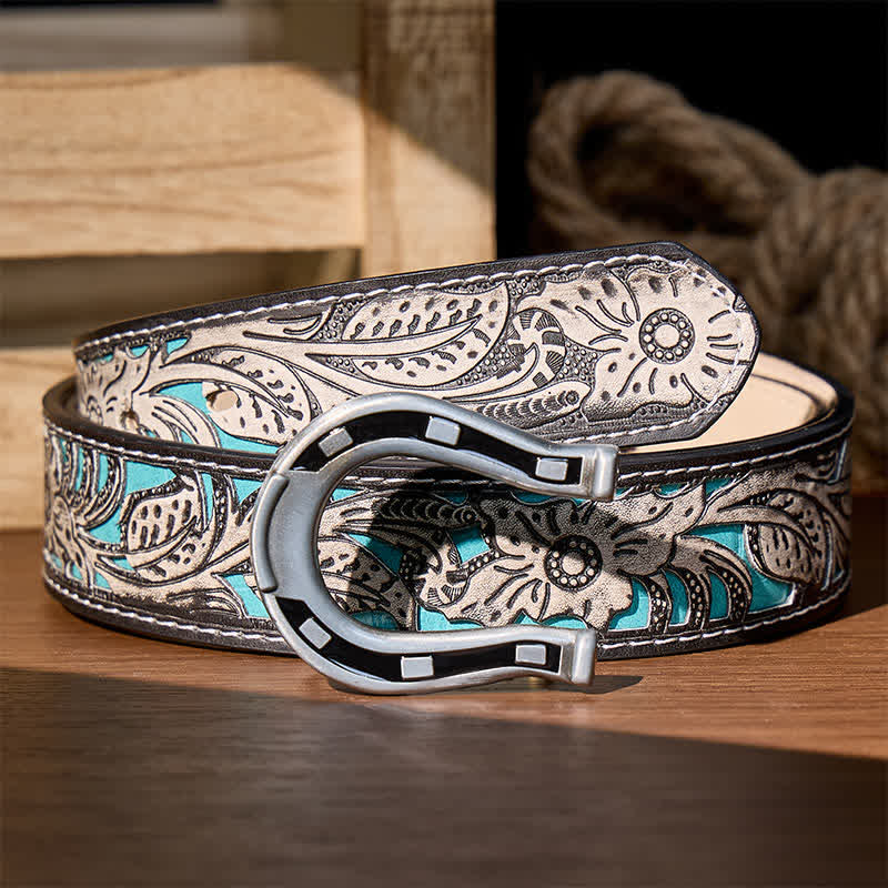 Ceinture en cuir à boucle en forme de fer à cheval Western Luck à faire soi-même - Argent - Ceinture à fleurs grises - 42 - image 14