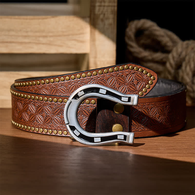 Ceinture en cuir à boucle en forme de fer à cheval Western Luck à faire soi-même - Argent - Ceinture à rivets marron - 42 - image 11