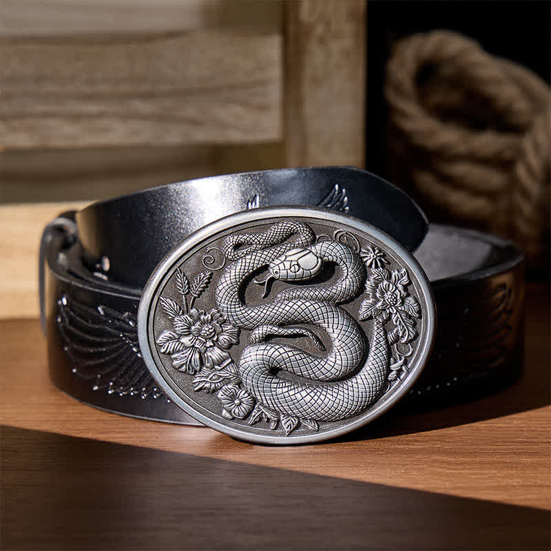 Ceinture en cuir à boucle serpent florale à l'esthétique sombre, style DIY - Argent - Ceinture noire à motif aigle en relief - 42 - image 1