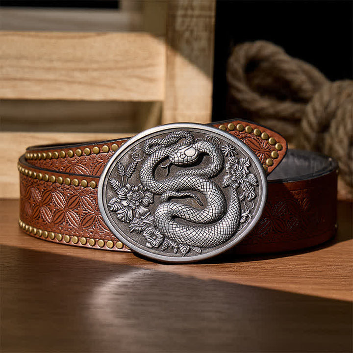 Ceinture en cuir à boucle serpent florale à l'esthétique sombre, style DIY - Argent - Ceinture à rivets marron - 42 - image 3