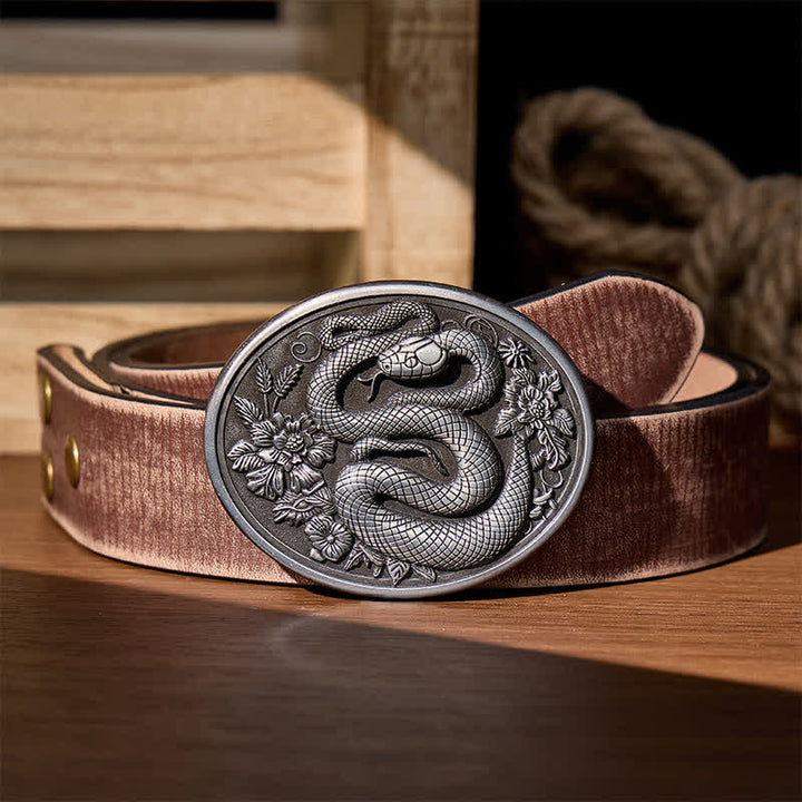 Ceinture en cuir à boucle serpent florale à l'esthétique sombre, style DIY - Argent - Ceinture marron vieillie - 42 - image 4