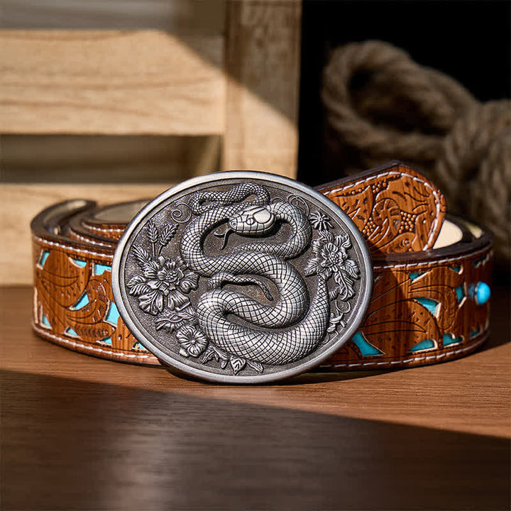 Ceinture en cuir à boucle serpent florale à l'esthétique sombre, style DIY - Argent - Ceinture turquoise sculptée - 42 - image 2