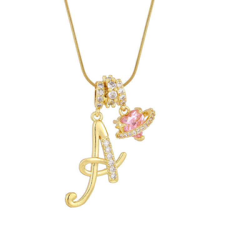 Collier tendance style dopamine avec pendentif cœur rose et lettre - UN - Doré - image 3