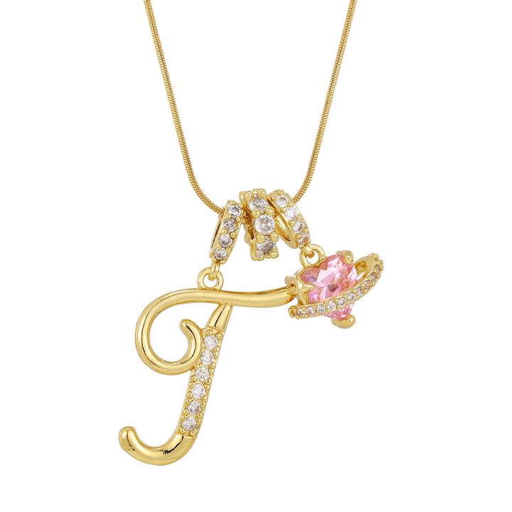 Collier tendance style dopamine avec pendentif cœur rose et lettre - T - Doré - image 21