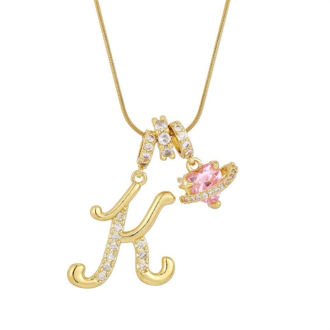 Collier tendance style dopamine avec pendentif cœur rose et lettre - K - Doré - image 0