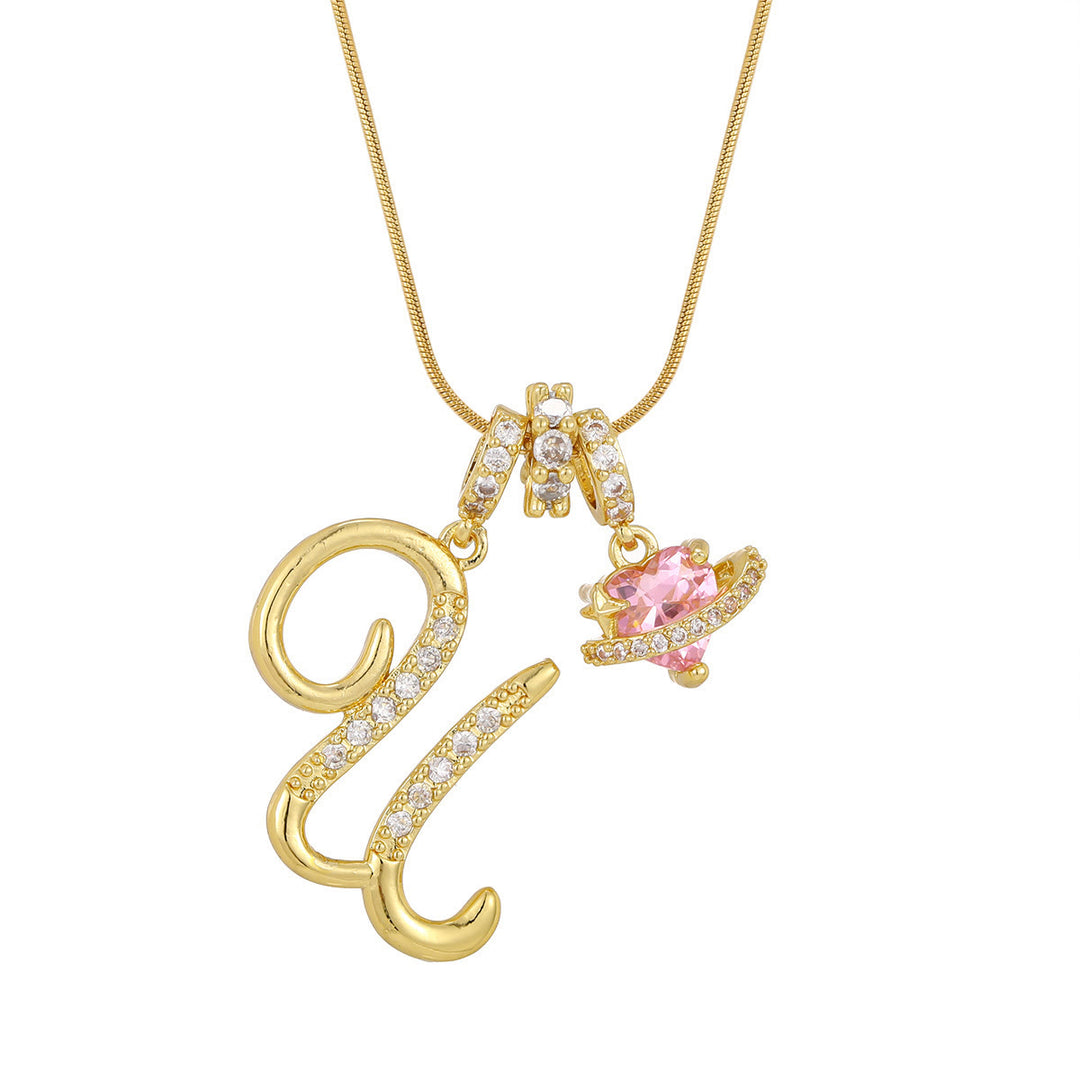 Collier tendance style dopamine avec pendentif cœur rose et lettre - U - Doré - image 22