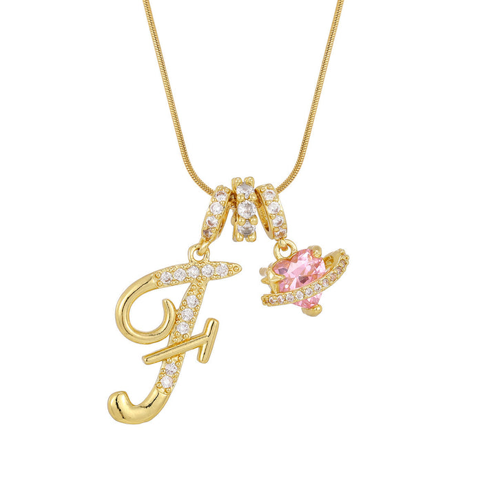 Collier tendance style dopamine avec pendentif cœur rose et lettre - F - Doré - image 8