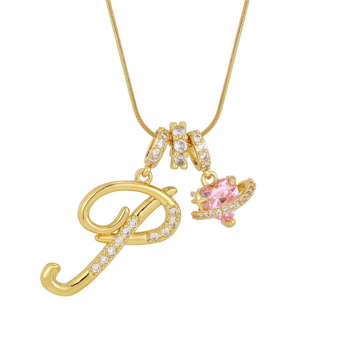 Collier tendance style dopamine avec pendentif cœur rose et lettre - P - Doré - image 17