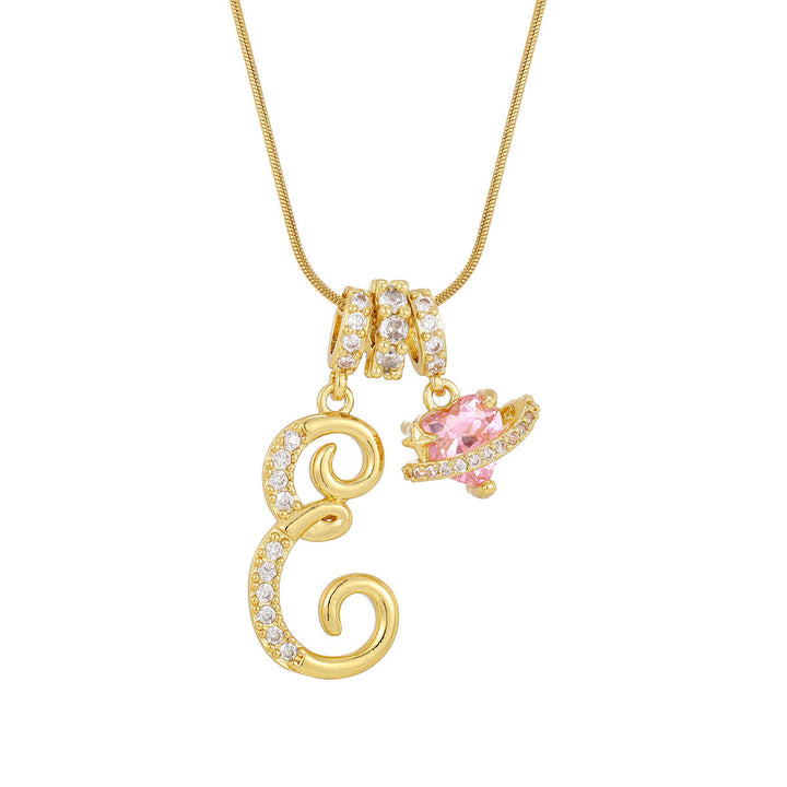 Collier tendance style dopamine avec pendentif cœur rose et lettre - E - Doré - image 7