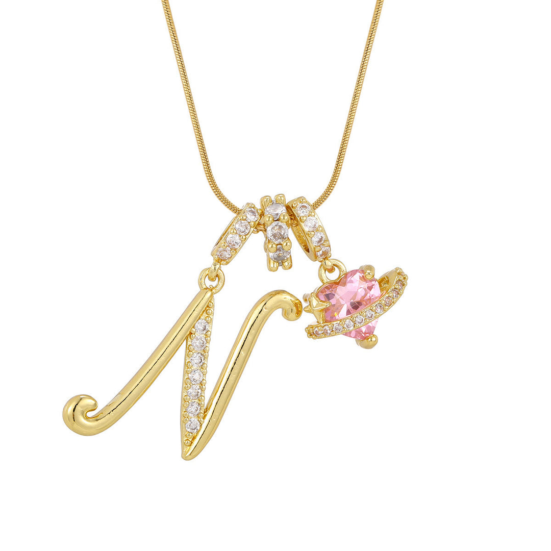 Collier tendance style dopamine avec pendentif cœur rose et lettre - N - Doré - image 15