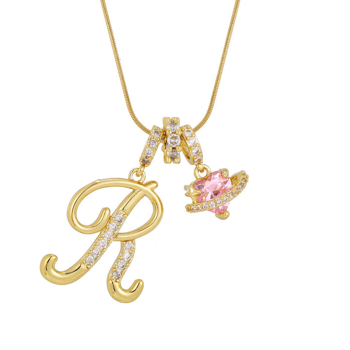 Collier tendance style dopamine avec pendentif cœur rose et lettre - R - Doré - image 19