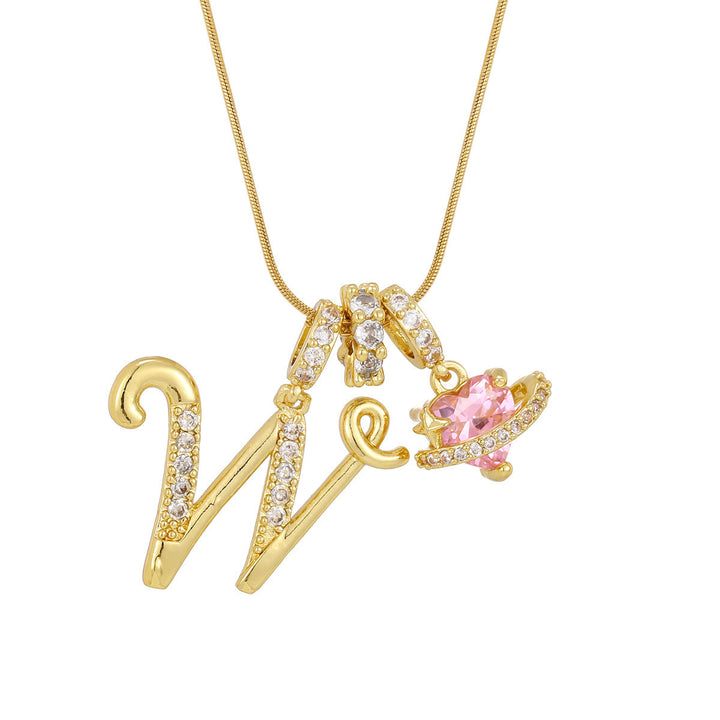 Collier tendance style dopamine avec pendentif cœur rose et lettre - W - Doré - image 24