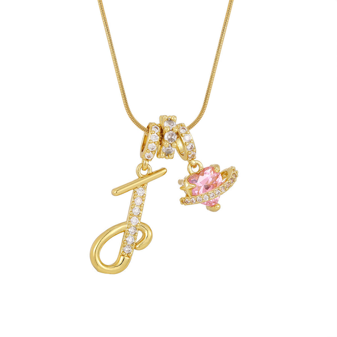 Collier tendance style dopamine avec pendentif cœur rose et lettre - J - Doré - image 12