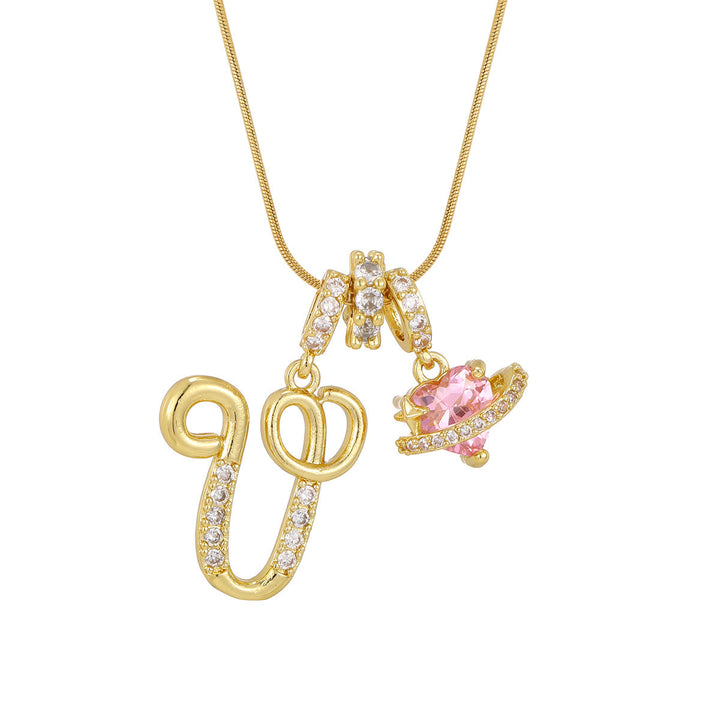 Collier tendance style dopamine avec pendentif cœur rose et lettre - V - Doré - image 23