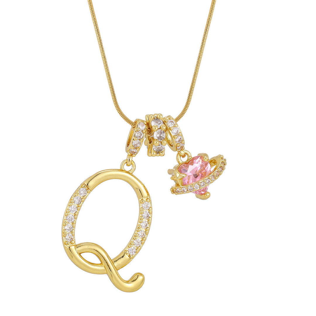 Collier tendance style dopamine avec pendentif cœur rose et lettre - Q - Doré - image 18