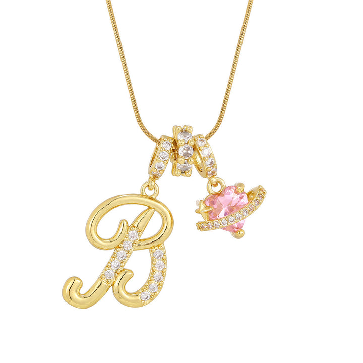 Collier tendance style dopamine avec pendentif cœur rose et lettre - B - Doré - image 4