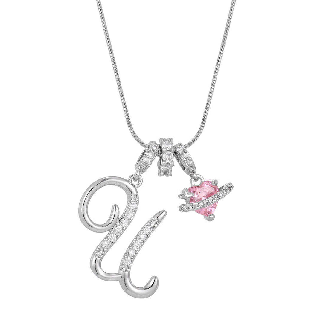 Collier tendance style dopamine avec pendentif cœur rose et lettre - U - Argent - image 48