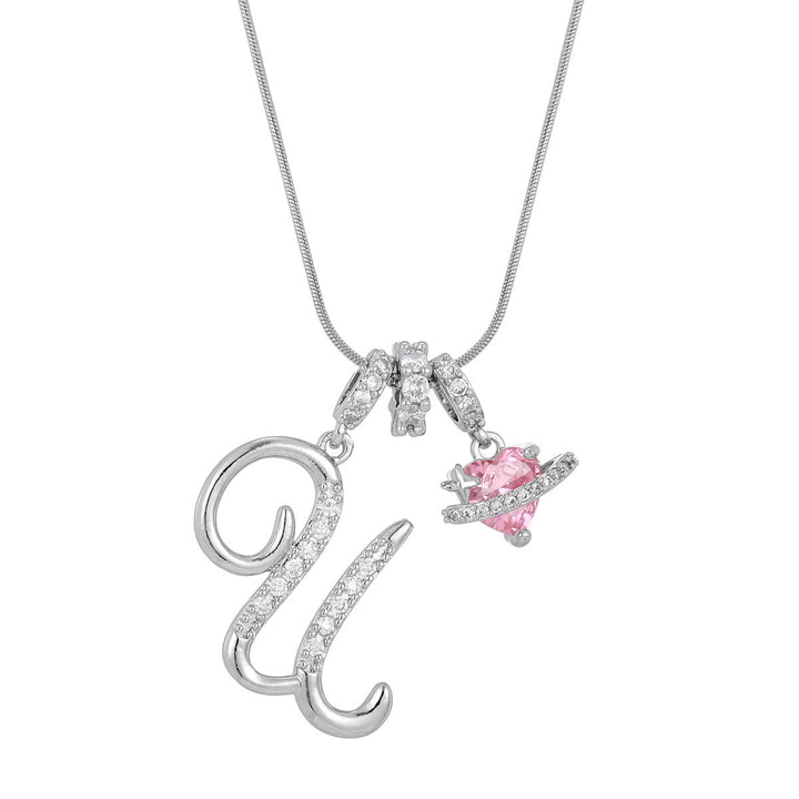 Collier tendance style dopamine avec pendentif cœur rose et lettre - U - Argent - image 48