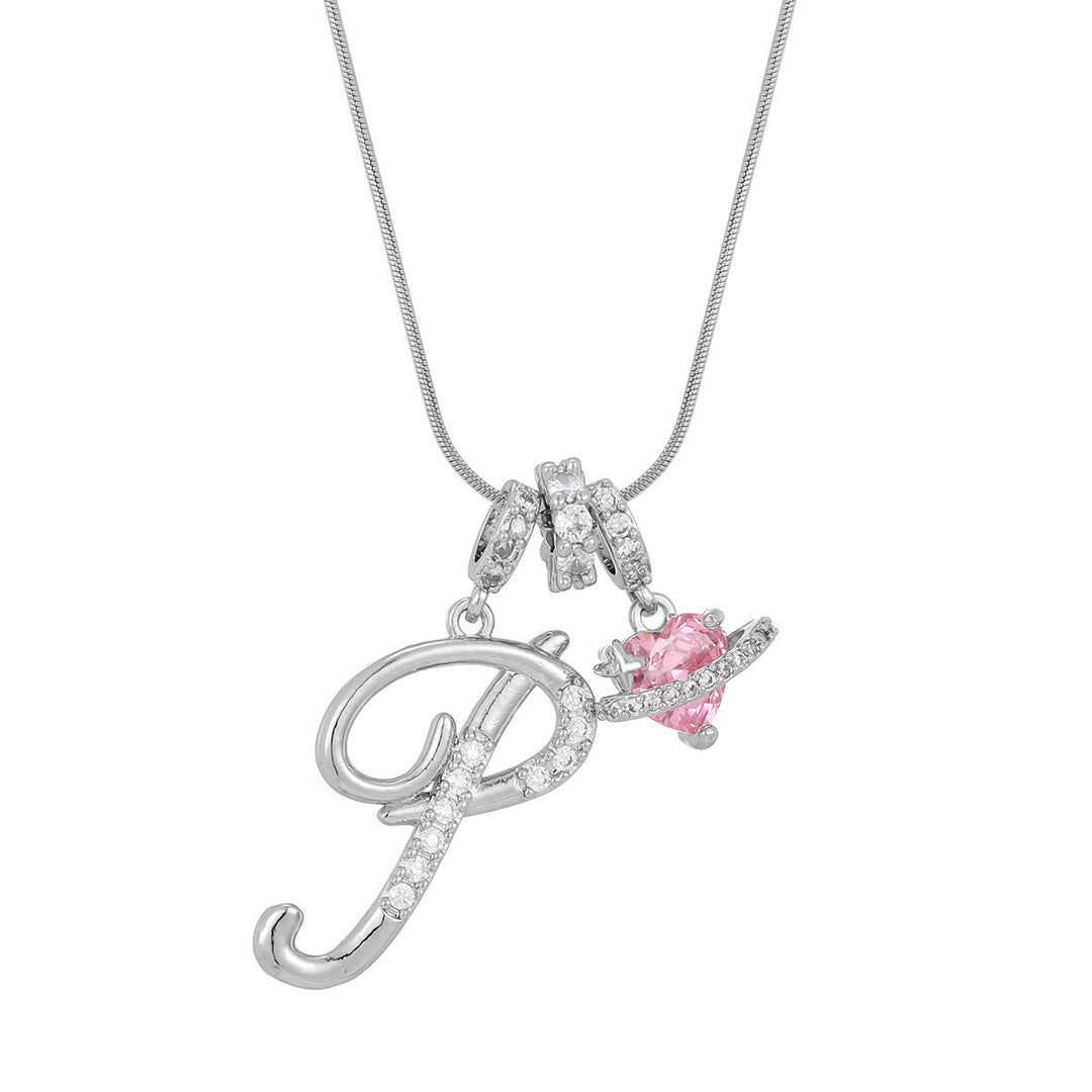 Collier tendance style dopamine avec pendentif cœur rose et lettre - P - Argent - image 43