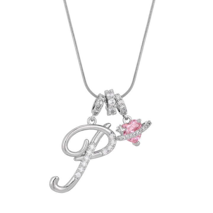 Collier tendance style dopamine avec pendentif cœur rose et lettre - P - Argent - image 43