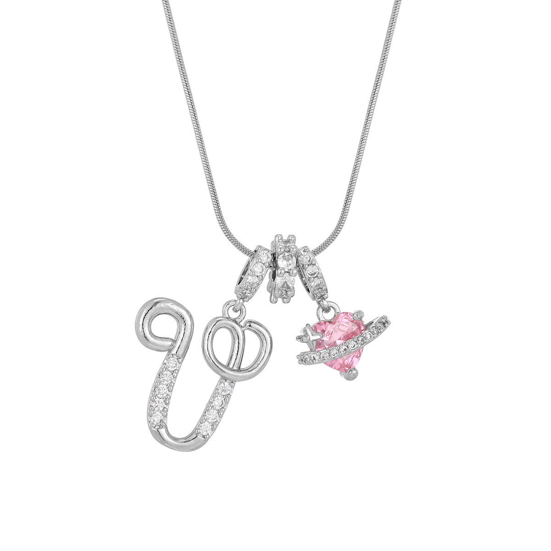 Collier tendance style dopamine avec pendentif cœur rose et lettre - V - Argent - image 49