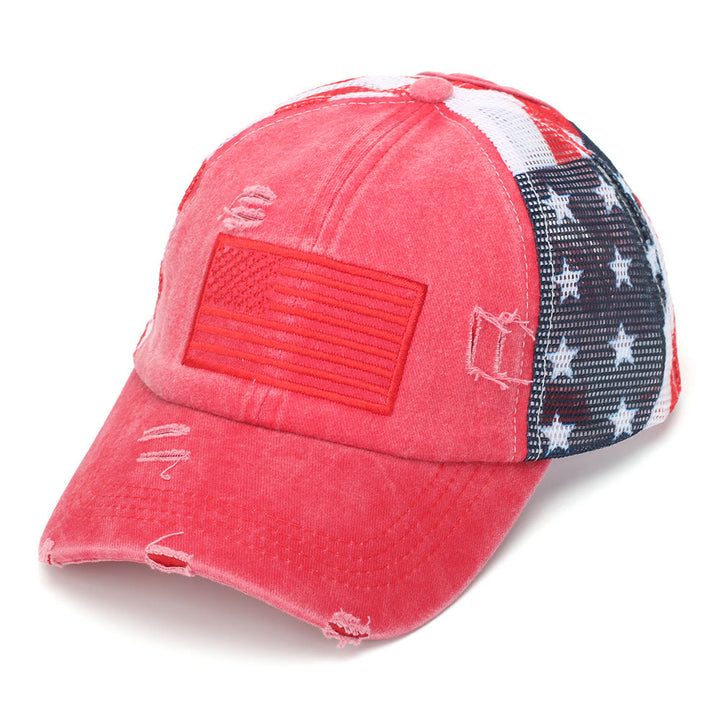 Casquette de baseball tactique en denim délavé respirant avec queue de cheval ajustable - Rouge - Réglable (22 7/8"-24 1/2") - image 1