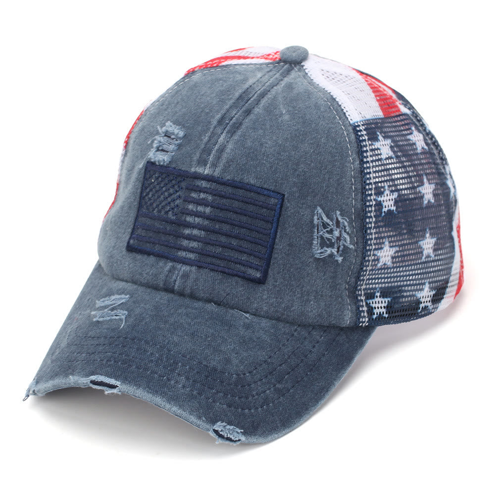 Casquette de baseball tactique en denim délavé respirant avec queue de cheval ajustable - Bleu - Réglable (22 7/8"-24 1/2") - image 0