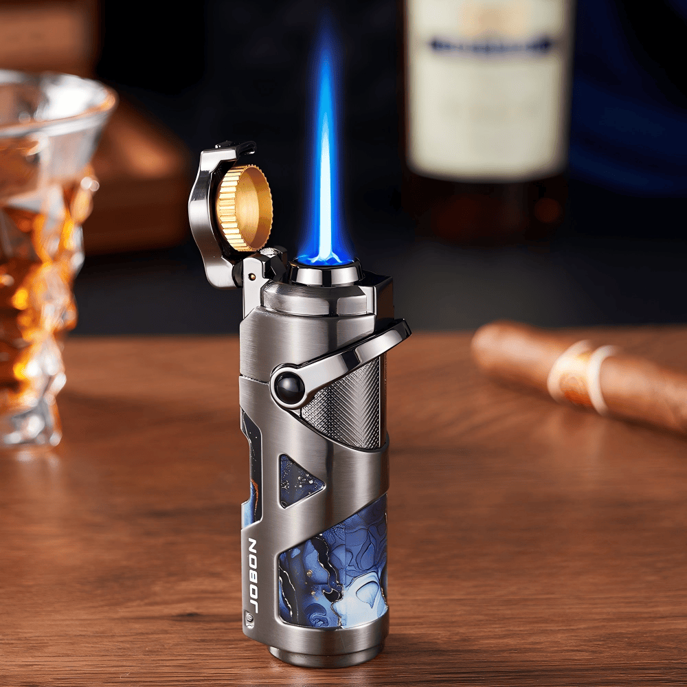 Briquet à cigares haut de gamme coupe-vent à flamme bleue et butane - Nickel noir - image 3